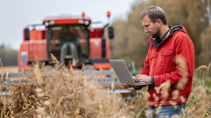 A farmer using a laptop in a field with agricultural machinery in the background.