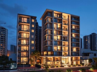 A modern apartment standing out among other units in a condominium building, with a bright light shining on it, standing out, urban