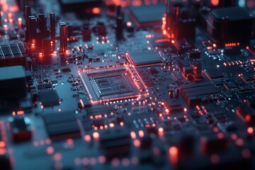 Obraz premium Futuristic red-illuminated circuit board with microchips and capacitors.