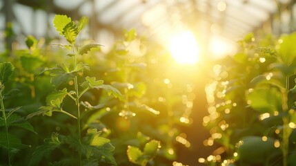 Obraz premium Sunlight filters through a greenhouse, illuminating vibrant green plants.