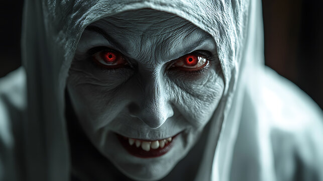 portrait of a evil scary nun smiling showing her red eyes and teeth