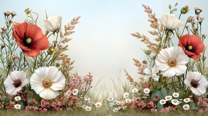 Vibrant Floral Arrangement with Wildflowers and Grasses Against a Soft Background