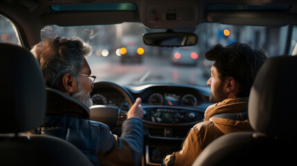 A driving instructor is teaching a learner how to get his license. Both are inside a car; the instructor points to the dashboard while the trainee watches and follows instructions attentively.