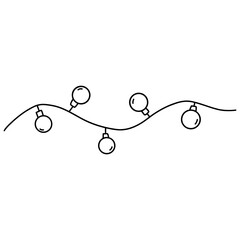 Garland with glowing bulbs. Christmas and New Year decoration. Black and white vector isolated illustration hand drawn doodle. Seasonal festive element. Single card or icon contour clip art