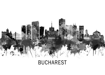 Fototapeta premium Bucharest Romania Skyline BW, cityscape buildings city skyline architecture illustration abstract modern painting travel poster landscape print urban art