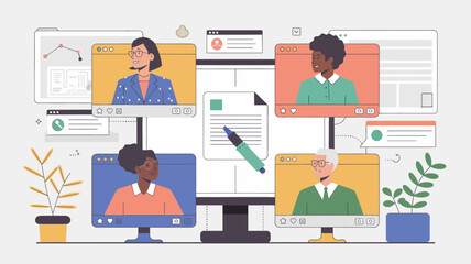 the people of diverse people on a video call. Each participant is displayed in their own rectangular screen, with one larger shared screen in the center showing a document being reviewed.