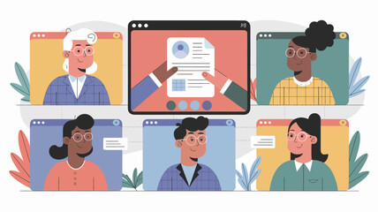 the people of diverse people on a video call. Each participant is displayed in their own rectangular screen, with one larger shared screen in the center showing a document being reviewed.