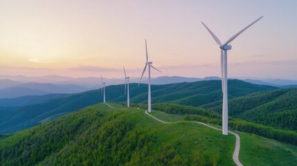 Scenic View of Wind Turbines on Rolling Hills at Sunset with Colorful Sky
