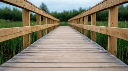 Fototapeta premium Serene Wooden Pathway Through Lush Green Fields Under Overcast Sky Environment Scene