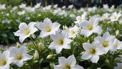 Fototapeta premium Gorgeous white platycodon grandiflorus flowers in full bloom during summer, sunlit blooms, delicate petals