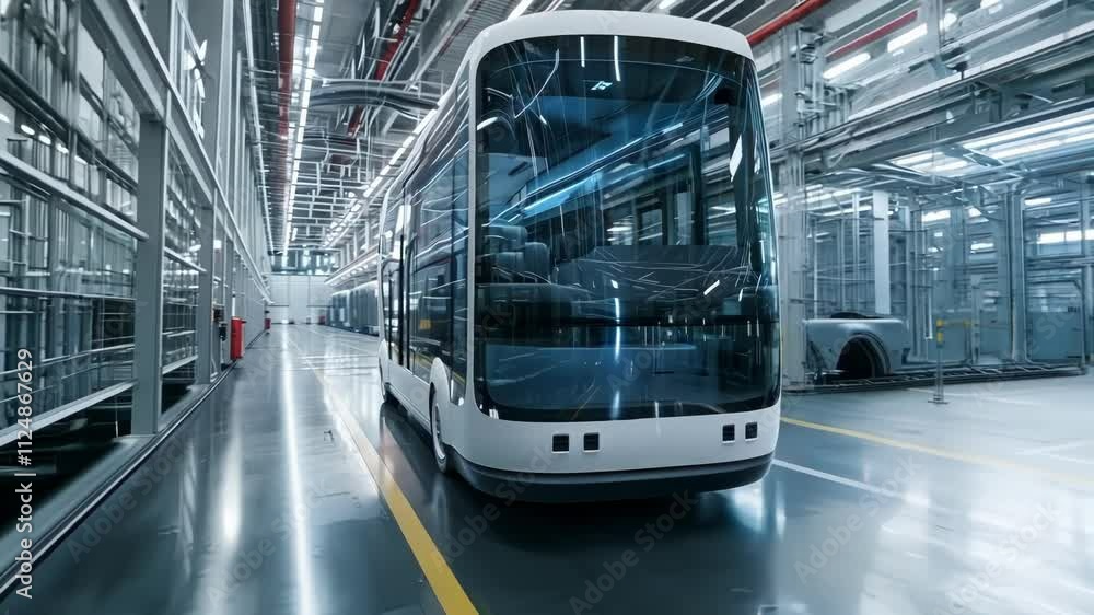 Poster autonomous electric buses move through an assembly line in a modern factory, showcasing advanced man
