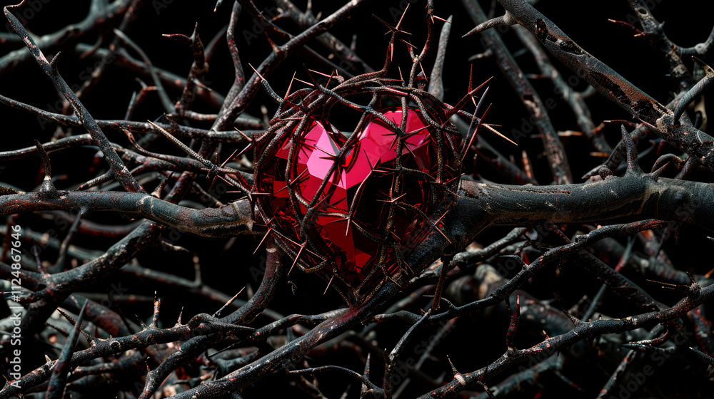 Poster brilliant faceted red heart encased in sharp intricate thorns closeup image. gothic gemstone with tw