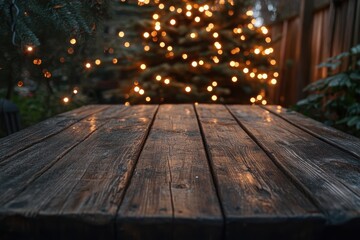 Rustic Wooden Table with Festive Christmas Lights in Background Creating a Cozy Outdoor Holiday Atmosphere