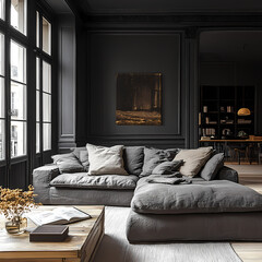In the living room, a dark color scheme permeated the living room on a peaceful rainy day