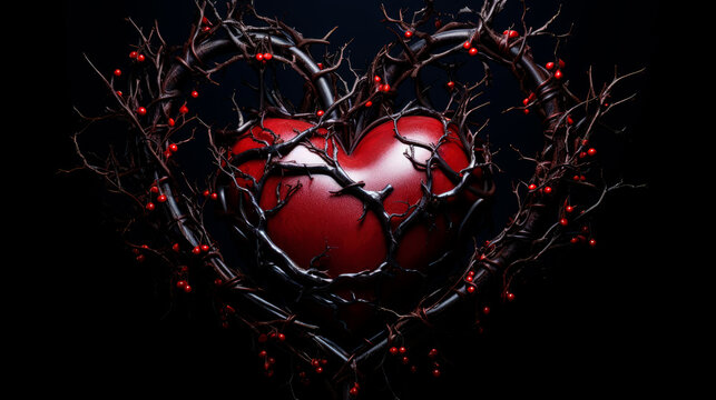 Vivid red heart entwined with thorny dark branches closeup image. Thorns adorned with red berries romantic symbolism close up photography. Passion and struggle surreal concept photo