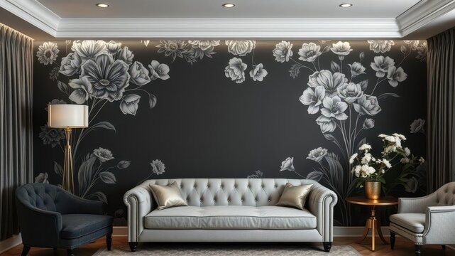 Charcoal floral wallpaper with a luxurious and elegant design, perfect for adding a sophisticated touch to any room, home, elegant, design