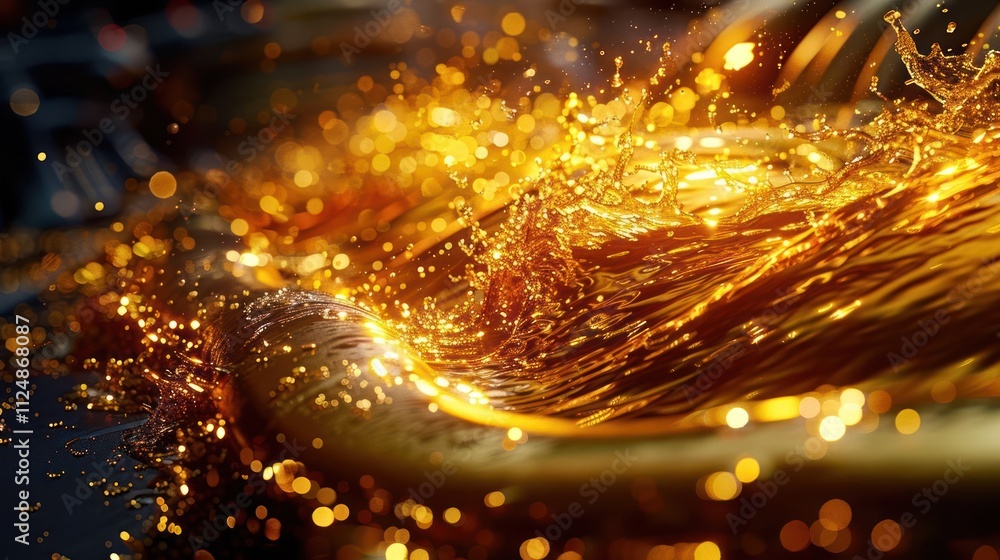 Poster a close-up of golden liquid splashing, creating an abstract, dynamic visual effect.