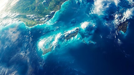 Aerial view of islands surrounded by vibrant blue ocean waters.