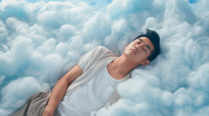 Tranquil asian man lying in cloudy bliss image. Guy in casual white shirt and beige trousers reclines effortlessly photography scene. Dreamlike relaxation concept photorealistic photo