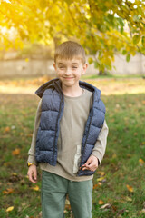 Young boy in a blue puffer vest and beige shirt stands outdoors in an autumn park, surrounded by...