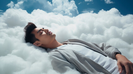 Japanese man dreaming amidst cotton-soft clouds image. Calming heavenly cloudscape, peaceful nap photography scene wallpaper. Dreamlike relaxation concept photorealistic photo