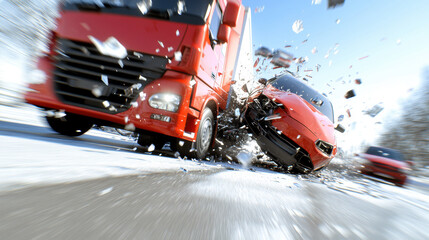 Crash Occurs Between a Red Sports Car and a Large Truck on a Snowy Road During Winter, Showcasing the Intensity of the Collision and Debris in the Air