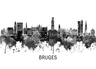 Obraz premium Bruges Belgium Skyline BW, cityscape buildings city skyline architecture illustration abstract modern painting travel poster landscape print urban art