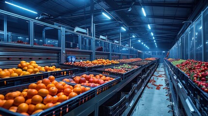 A fruit storage facility with organized crates of oranges and apples under industrial lighting.