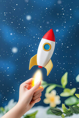 Entrepreneur holding rocket icon symbolizing ambition and dreams, surrounded by nature