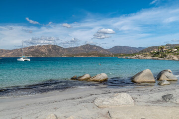 A catamaran in front of Rice Beach, Spiaggia del Riso, Villasimius, Italy