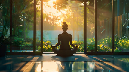 Morning meditation in peaceful garden image. Silhouette woman meditating in lotus position yoga sanctuary photography scene wallpaper. Spiritual practice concept photorealistic photo