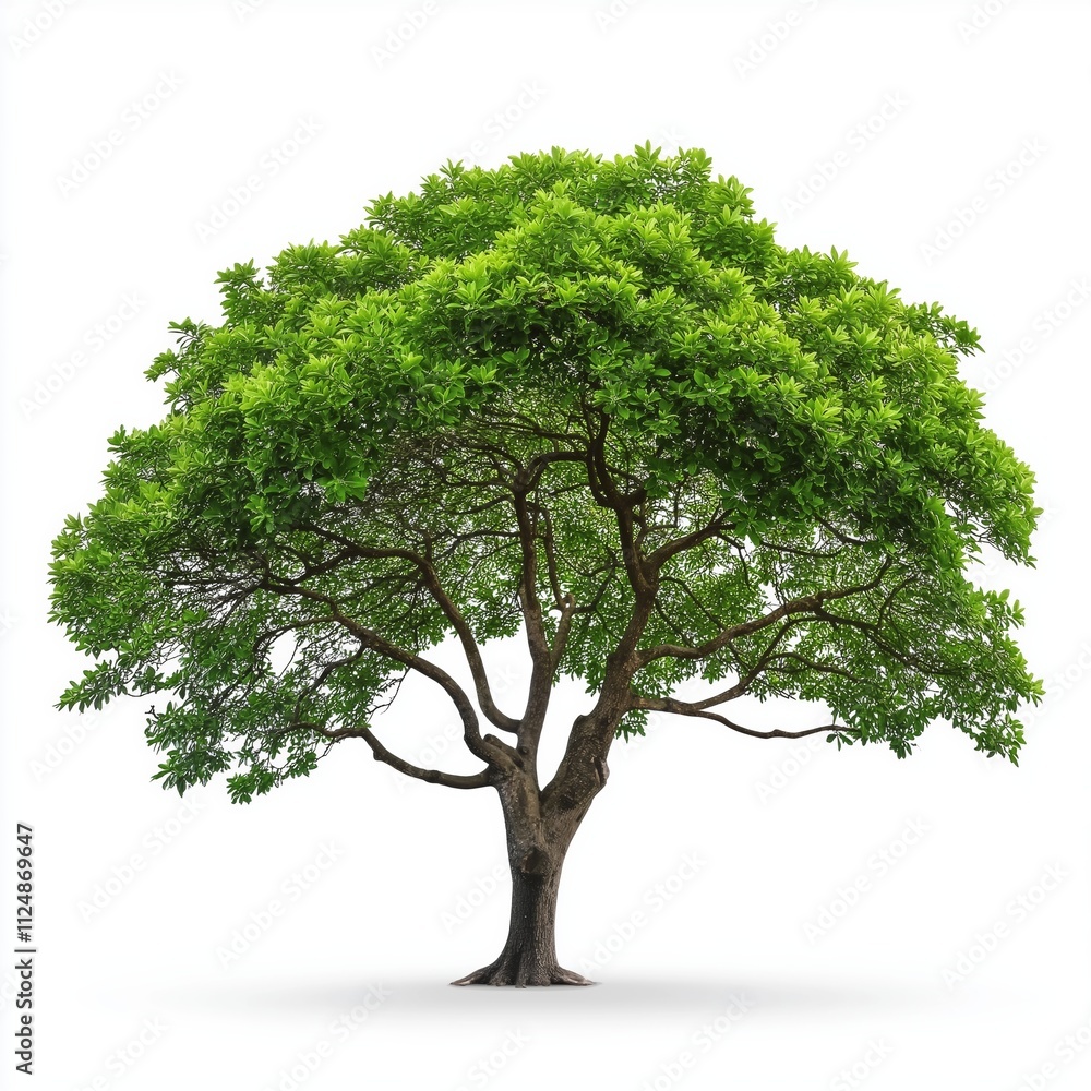 Poster a large green tree stands alone on a white background. the tree is the main focus of the image, and 