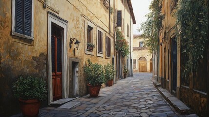 Fototapeta premium An painting of a hidden alley in Florence's Oltrarno district. with cobblestone alley and aged buildings