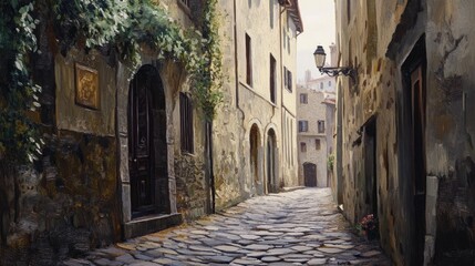 Fototapeta premium An painting of a hidden alley in Florence's Oltrarno district. with cobblestone alley and aged buildings