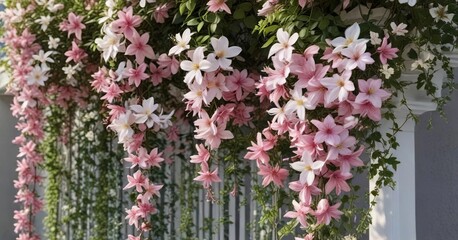 Large clematis flowers in shades of pink and white cascading down a trellis, garden decor, flowers