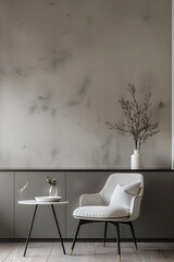 Aesthetic elegant minimalist modern interior design. Clear mock up empty wall for decoration in the apartment. Copy space in the room. Neutral palette of natural colors.