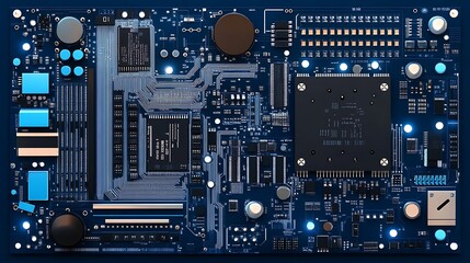 A close-up view of a blue circuit board with various electronic components.