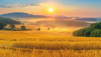 A serene sunrise over golden fields with harvesters in the distance.