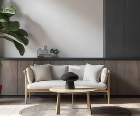 Aesthetic elegant minimalist modern interior design. Clear mock up empty wall for decoration in the apartment. Copy space in the room. Neutral palette of natural colors.