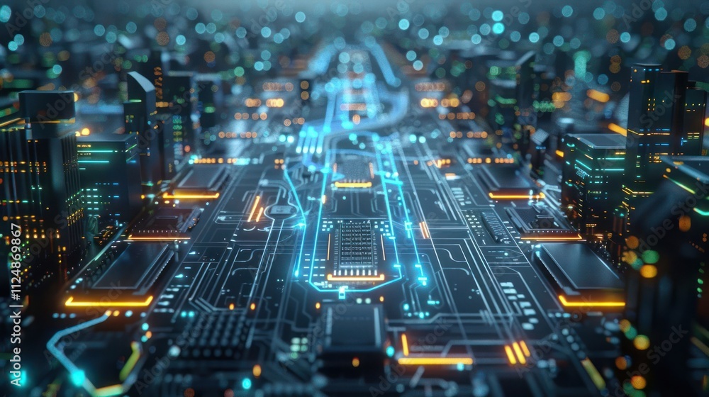 Poster a futuristic cityscape resembling a circuit board with glowing elements and intricate designs.
