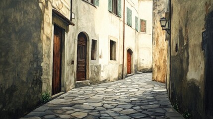 Fototapeta premium An painting of a hidden alley in Florence's Oltrarno district. with cobblestone alley and aged buildings