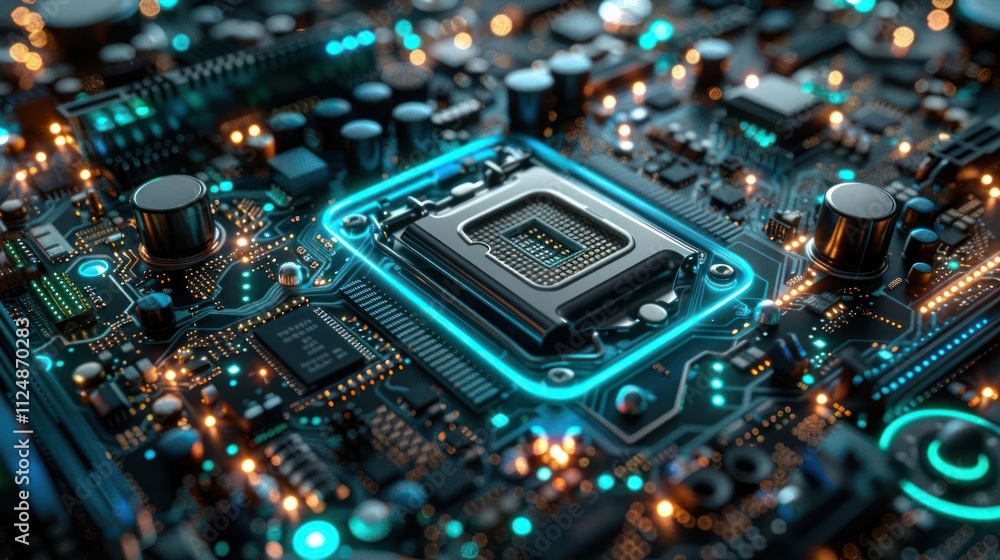 Poster a close-up view of a futuristic circuit board with glowing elements and a central processor.
