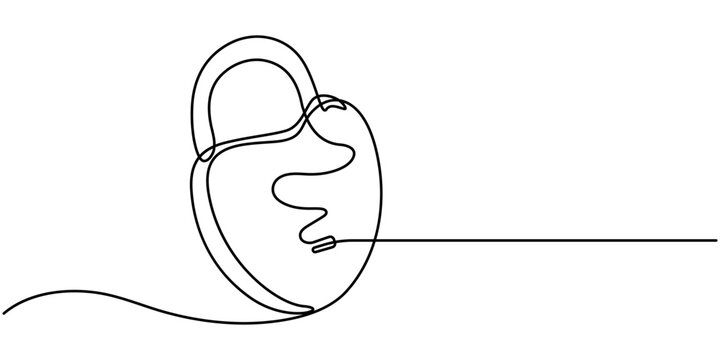 Continuous one line drawing of padlockwith key hole. Padlock shapped love line art vector illustration, Heart lock, Continuous line drawing heart shaped lock. Love concept. Vector illustration, Love.