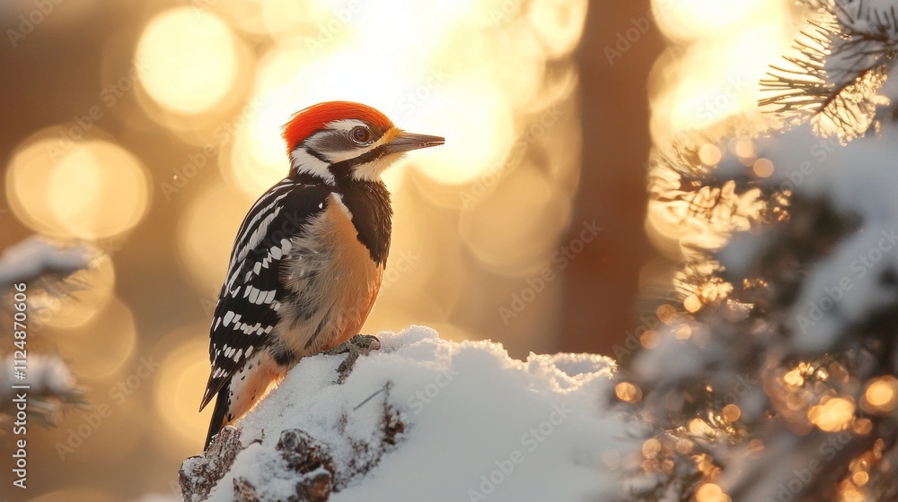 Poster a middle spotted woodpecker rests on a snow-covered branch, outlined by soft golden light filtering 