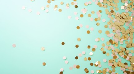 Gold and mint green confetti frame on a pastel background, flat lay, copy space concept 