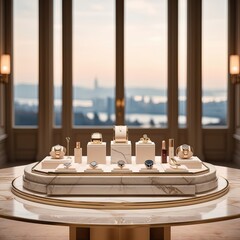 Elegant table setting for a romantic dinner in a luxury restaurant with sea views, featuring crystal glasses and white tablecloths