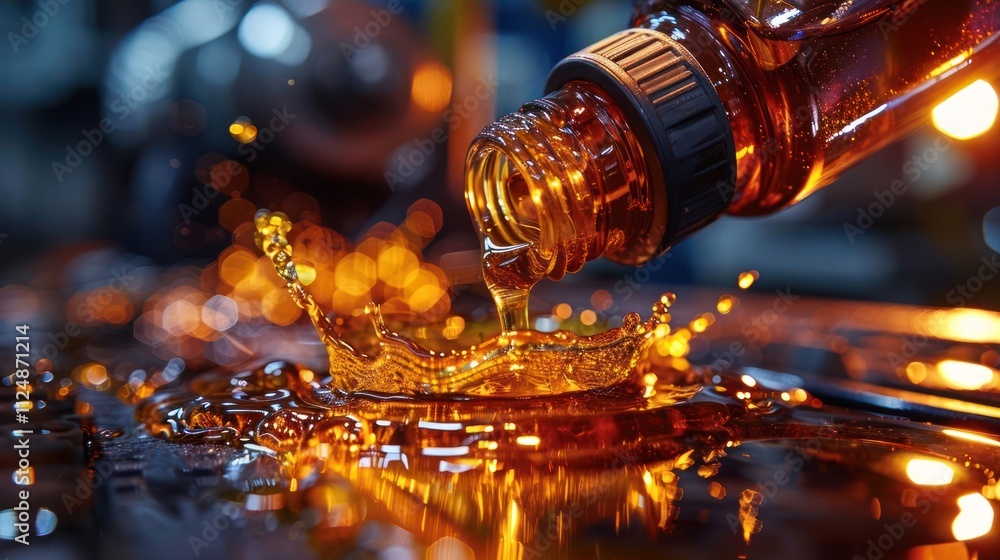 Poster a bottle pouring liquid, creating a splash on a surface, highlighting motion and texture.