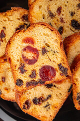 Fruit cake dessert sweet dried fruit traditional pastry, nuts meal food snack on the table copy space food background rustic top view