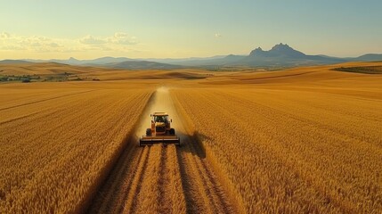 Fototapeta premium Golden Harvest: Tractor Harvesting Wheat in a Vast Field