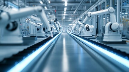 Precise robotic systems working collaboratively Modern home robot polishing wooden floors in a living room
Massive high-tech manufacturing facility with automated production lines